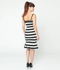 Black & White Stripe Peplum Wiggle Dress -Pleaser Clothing Store black white stripe peplum wiggle dress 420839