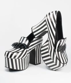 Black & White Stripe Vegan Leather Banshee Platform Heels -Pleaser Clothing Store black white stripe vegan leather banshee platform heels 585524