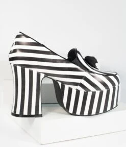 Black & White Stripe Vegan Leather Banshee Platform Heels -Pleaser Clothing Store black white stripe vegan leather banshee platform heels 895722