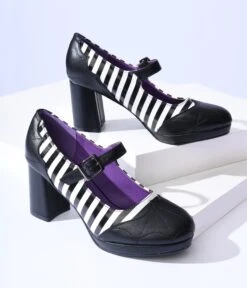 Black & White Stripe Web Leatherette Mary Jane Heels