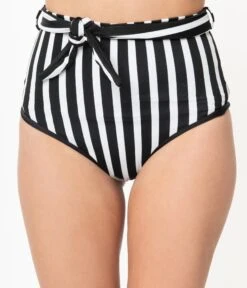 Black & White Striped High Waisted Reversible Swim Bottoms -Pleaser Clothing Store black white striped high waisted reversible swim bottoms 163469