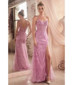 Cinderella Divine Blossom Pink Sequin Beaded High Slit Fitted Prom Gown