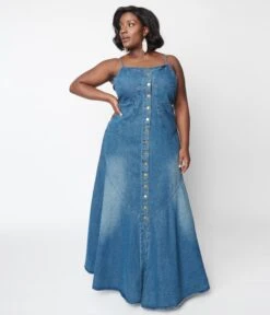 Blue Denim Button Down Maxi Dress -Pleaser Clothing Store blue denim button down maxi dress 109394