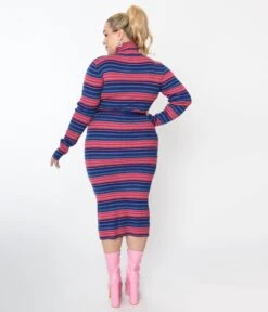 Blue & Fuchsia Striped Midi Bodycon Dress -Pleaser Clothing Store blue fuchsia striped midi bodycon dress 200474