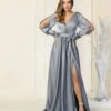 Blue Grey Long Sleeve Prom Goddess Gown