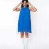 Blue Pleated Crepe Halter Shift Dress