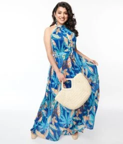 Blue Tropical Pleated Maxi Dress -Pleaser Clothing Store blue tropical pleated maxi dress 237727