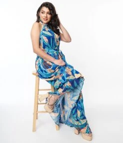 Blue Tropical Pleated Maxi Dress -Pleaser Clothing Store blue tropical pleated maxi dress 550672