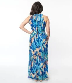 Blue Tropical Pleated Maxi Dress -Pleaser Clothing Store blue tropical pleated maxi dress 908658