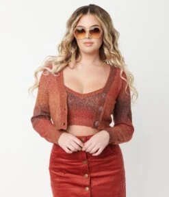 Brick Red Ombre Sweater Crop Top & Cardigan Set