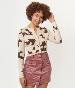 Brown Cow Print Crop Cardigan -Pleaser Clothing Store brown cow print crop cardigan 701030