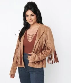 Brown Faux Suede Fringe Jacket -Pleaser Clothing Store brown faux suede fringe jacket 465243