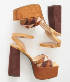 Brown Patchwork Platform Heel Sandals -Pleaser Clothing Store brown patchwork platform heel sandals 261979