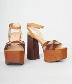 Brown Patchwork Platform Heel Sandals