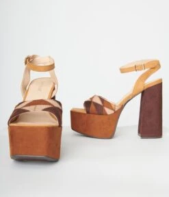 Brown Patchwork Platform Heel Sandals -Pleaser Clothing Store brown patchwork platform heel sandals 890465
