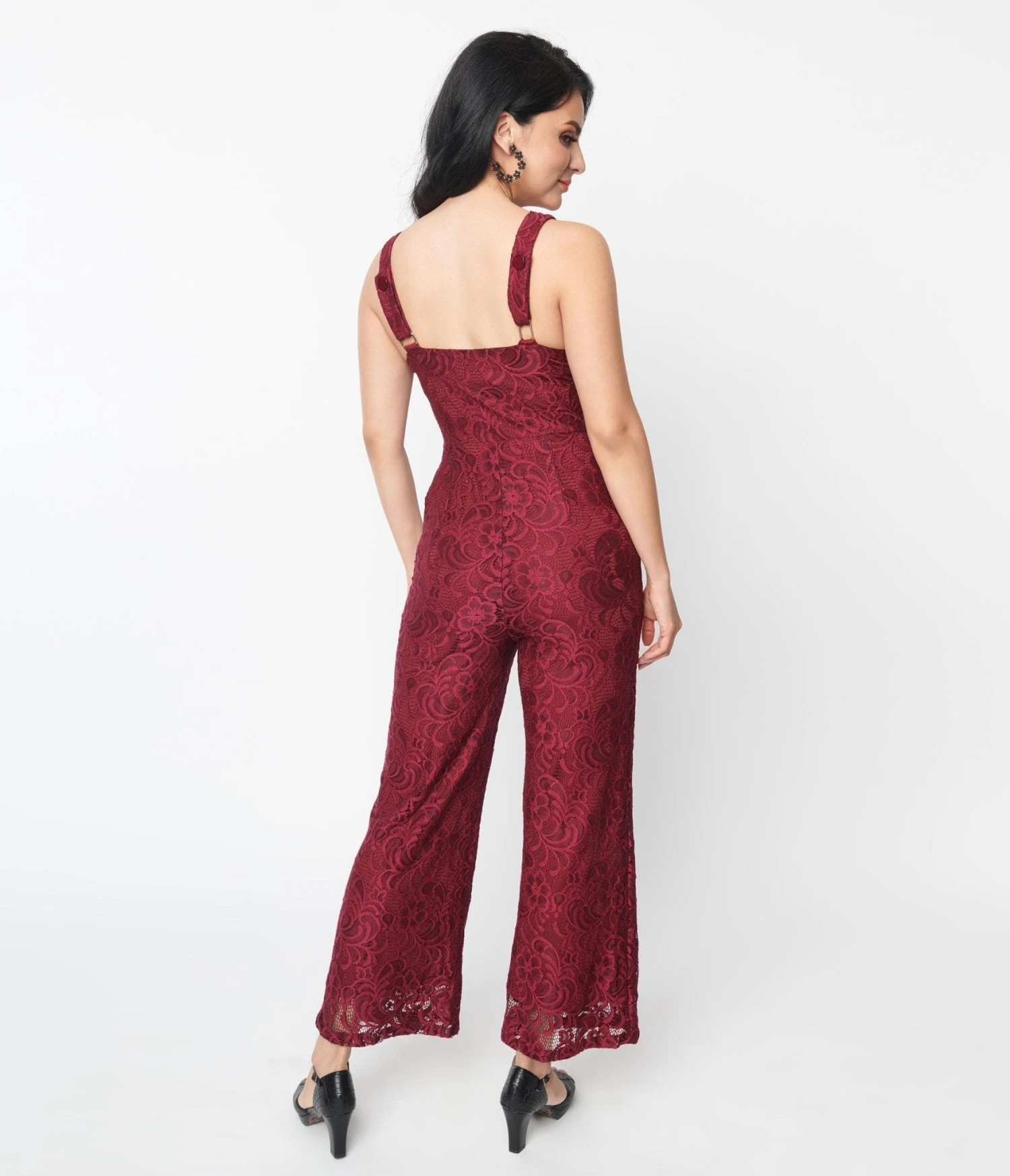 Burgundy Floral Lace Jumpsuit 3 Burgundy Floral Lace Jumpsuit - Image 3