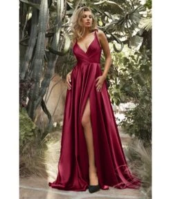 Cinderella Divine Burgundy Flowy Satin A-Line Bridesmaid Gown