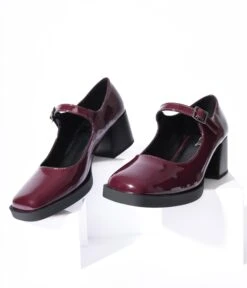 Burgundy Patent Leatherette Mary Jane Heels