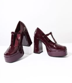 Burgundy Patent Leatherette T-Strap Platform Mary Jane Heels