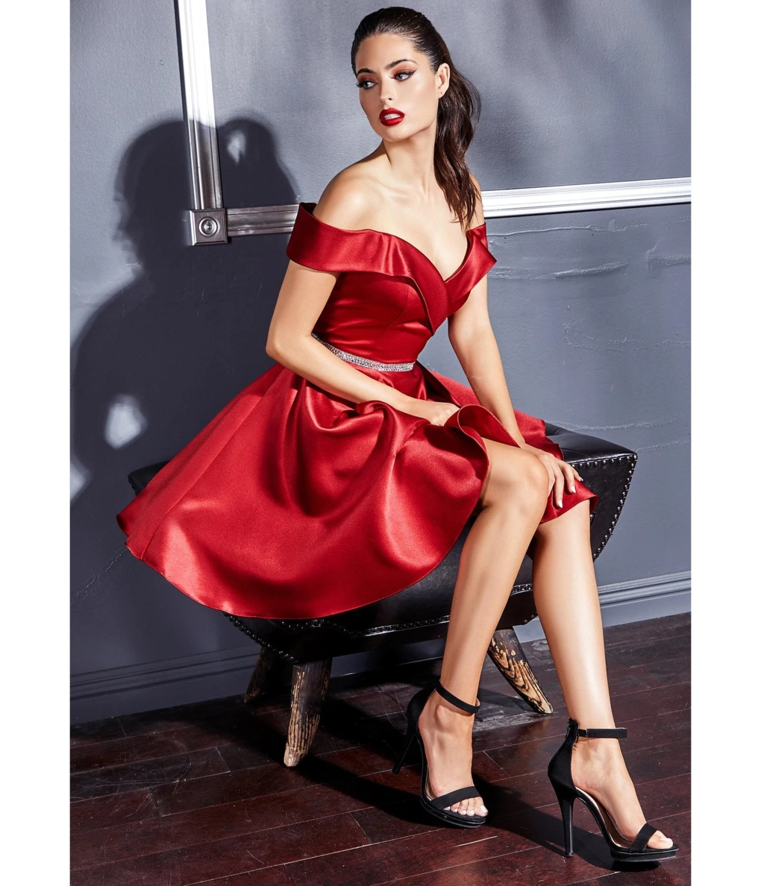 Cinderella Divine Burgundy Satin Flare Prom Dress 1 Cinderella Divine Burgundy Satin Flare Prom Dress