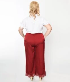 Burgundy Satin & Lace Trim Mathilde Pants -Pleaser Clothing Store burgundy satin lace trim mathilde pants 581504