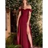 Cinderella Divine Burgundy Satin Off The Shoulder Bridesmaid Gown