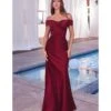 Cinderella Divine Burgundy Satin Off The Shoulder Prom Gown