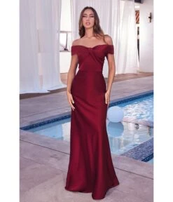 Cinderella Divine Burgundy Satin Off The Shoulder Prom Gown