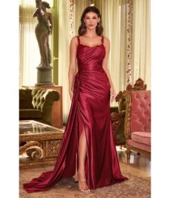 Cinderella Divine Burgundy Sequin Applique & Ruched Satin Evening Gown