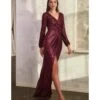 Cinderella Divine Burgundy Sequin Long Sleeve Slit Evening Gown