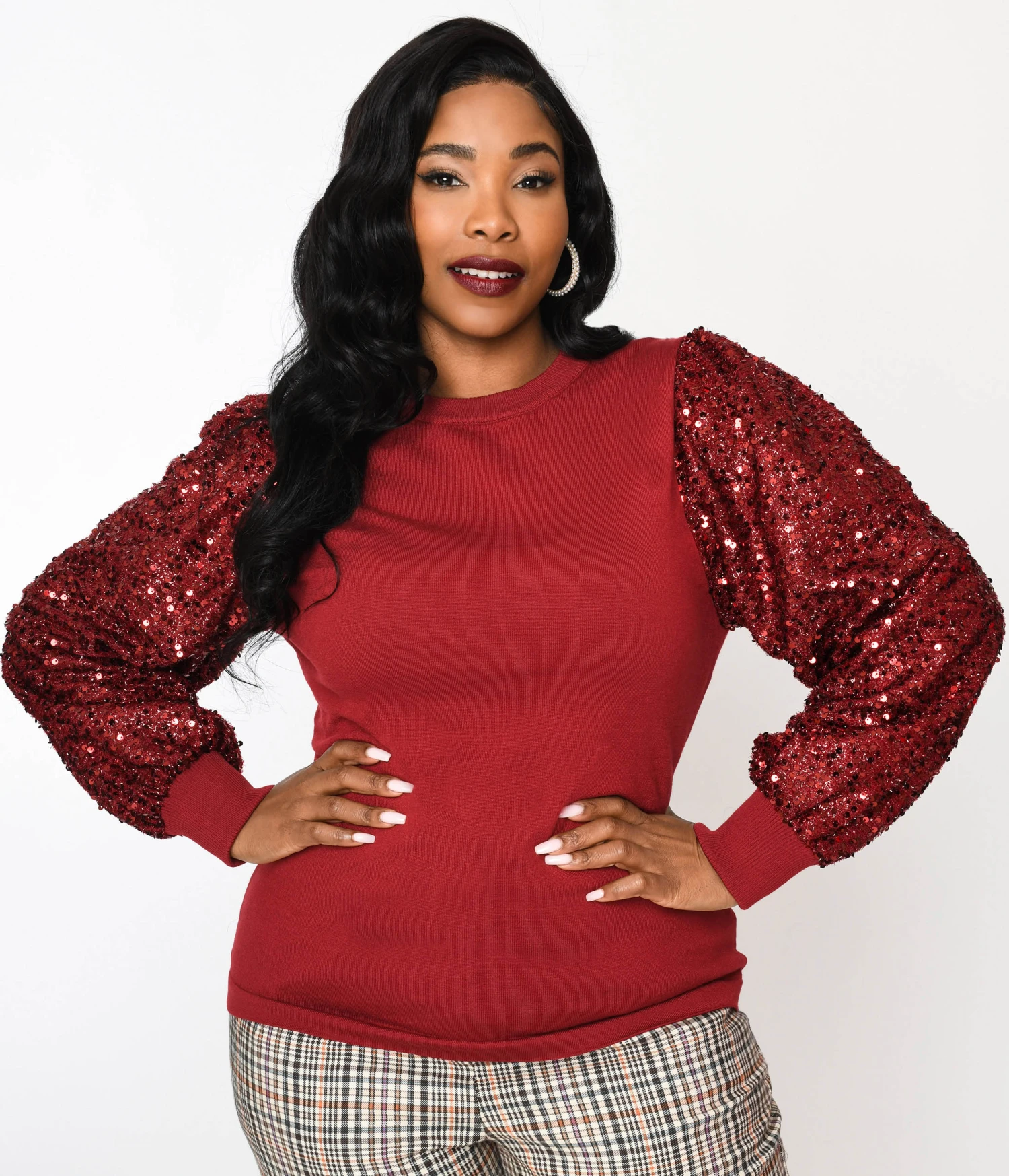 Burgundy Sequin Sleeved Knit Top 2 Burgundy Sequin Sleeved Knit Top - Image 2
