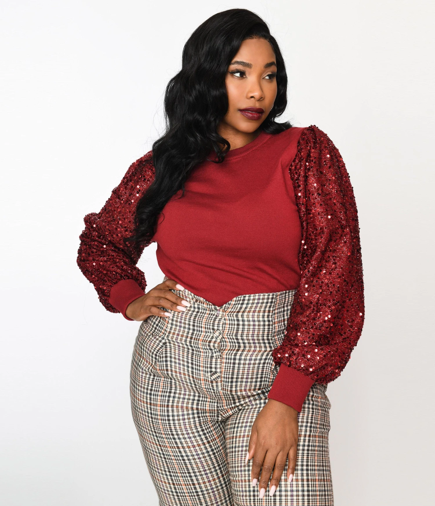 Burgundy Sequin Sleeved Knit Top 1 Burgundy Sequin Sleeved Knit Top