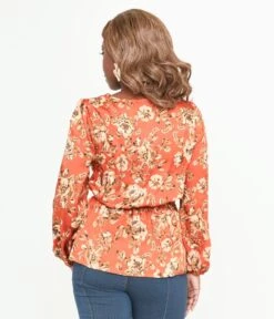 Burnt Orange Floral Satin Peplum Blouse -Pleaser Clothing Store burnt orange floral satin peplum blouse 658482