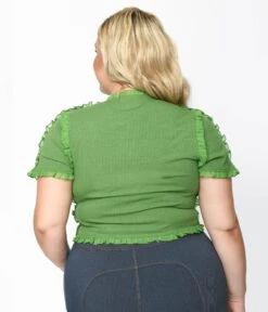Cactus Green Ruffle Edge Knit Top -Pleaser Clothing Store cactus green ruffle edge knit top 931649