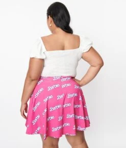 Cakeworthy Pink Barbie Logo Print Fit & Flare Skirt -Pleaser Clothing Store cakeworthy pink barbie logo print fit flare skirt 840340