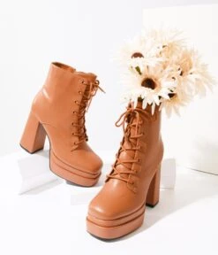 Camel Brown Lace Up Platform Booties