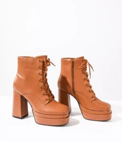 Camel Brown Lace Up Platform Booties -Pleaser Clothing Store camel brown lace up platform booties 416637