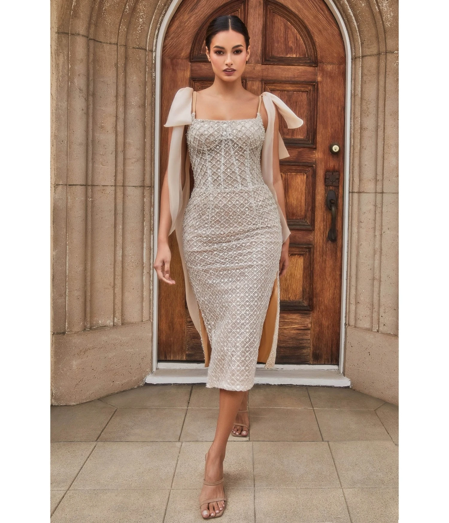 Cinderella Divine Champagne Beaded Illusion Corset Midi Dress 1 Cinderella Divine Champagne Beaded Illusion Corset Midi Dress