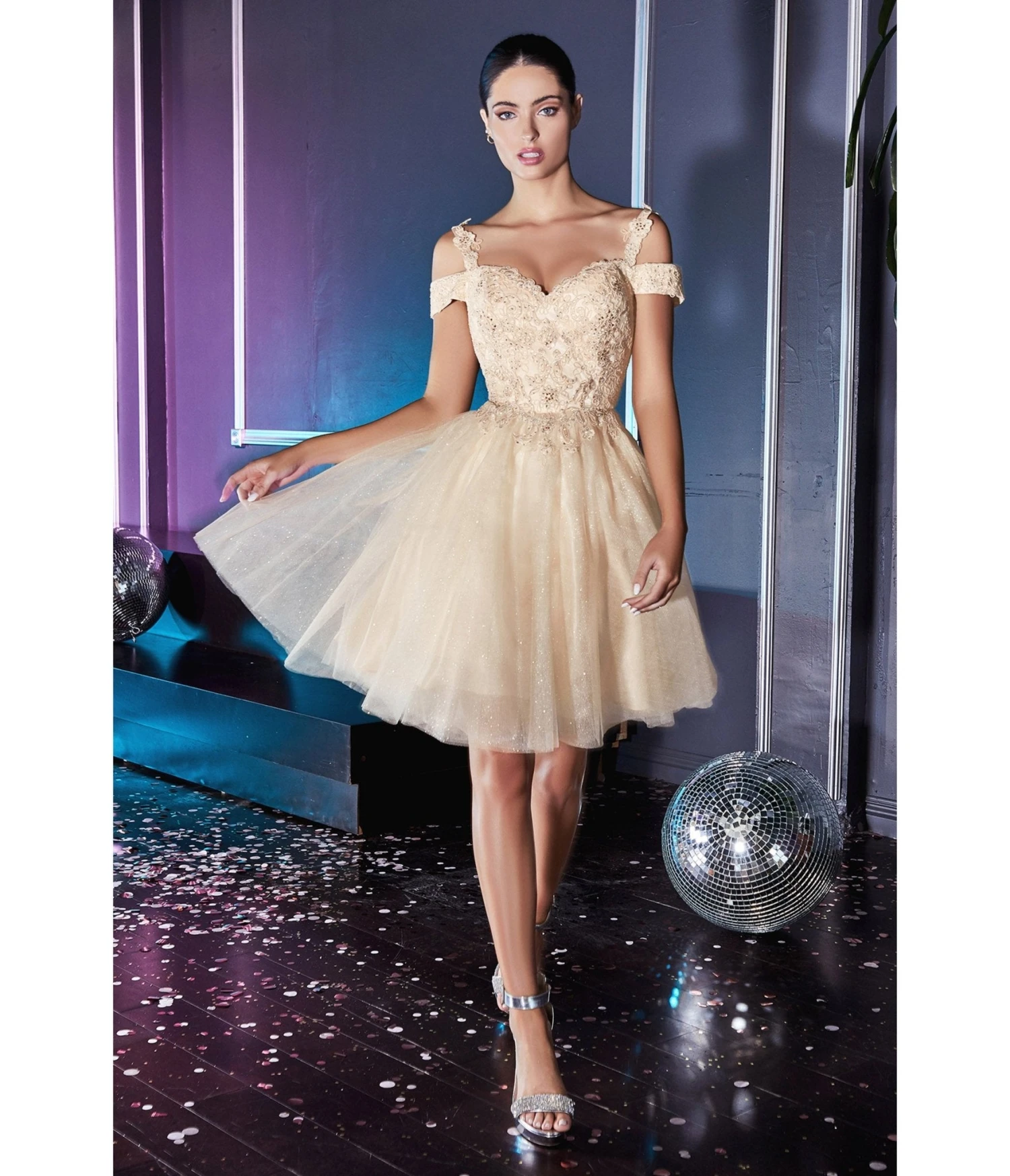 Cinderella Divine Champagne Glitter Tulle Cold Shoulder Homecoming Dress 1 Cinderella Divine Champagne Glitter Tulle Cold Shoulder Homecoming Dress