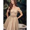Cinderella Divine Champagne Glitter Tulle Off Shoulder Corset Mini Dress