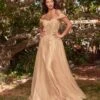 Cinderella Divine Champagne Gold Glitter Lace & Tulle Embellished Off The Shoulder Prom Gown