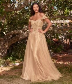 Cinderella Divine Champagne Gold Glitter Lace & Tulle Embellished Off The Shoulder Prom Gown