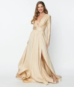Champagne Long Sleeve Sophisticated Goddess Gown -Pleaser Clothing Store champagne long sleeve sophisticated goddess gown 288240
