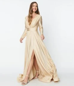 Champagne Long Sleeve Sophisticated Goddess Gown -Pleaser Clothing Store champagne long sleeve sophisticated goddess gown 472285