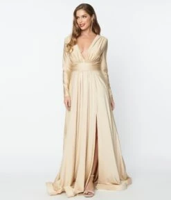 Champagne Long Sleeve Sophisticated Goddess Gown -Pleaser Clothing Store champagne long sleeve sophisticated goddess gown 780360