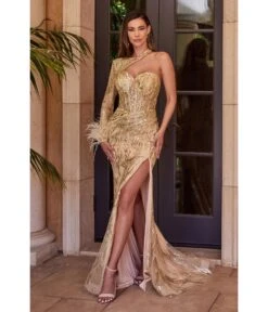 Cinderella Divine Champagne Shimmer One Shoulder Feather Prom Gown