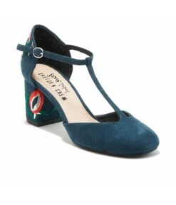 Chelsea Crew Navy T-Strap Embroidered Frenchie Heels