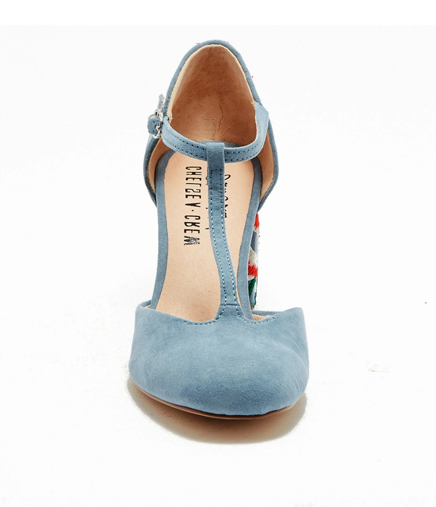 Chelsea Crew Sky Blue T-Strap Embroidered Frenchie Heels 2 Chelsea Crew Sky Blue T-Strap Embroidered Frenchie Heels - Image 2