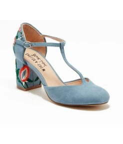Chelsea Crew Sky Blue T-Strap Embroidered Frenchie Heels
