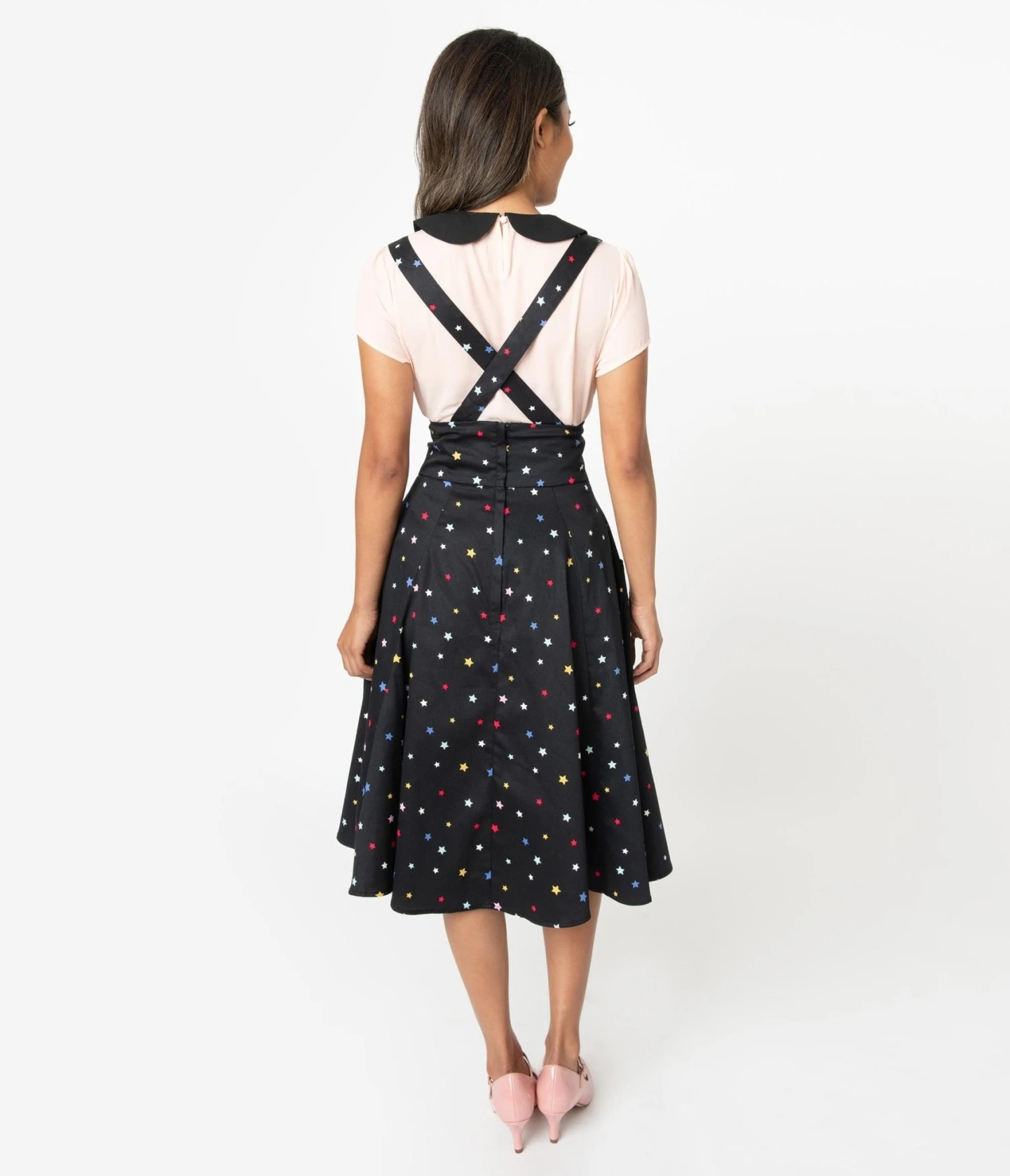 Collectif 1950s Black & Multicolor Stars Alexa Suspender Swing Skirt 2 Collectif 1950s Black & Multicolor Stars Alexa Suspender Swing Skirt - Image 2